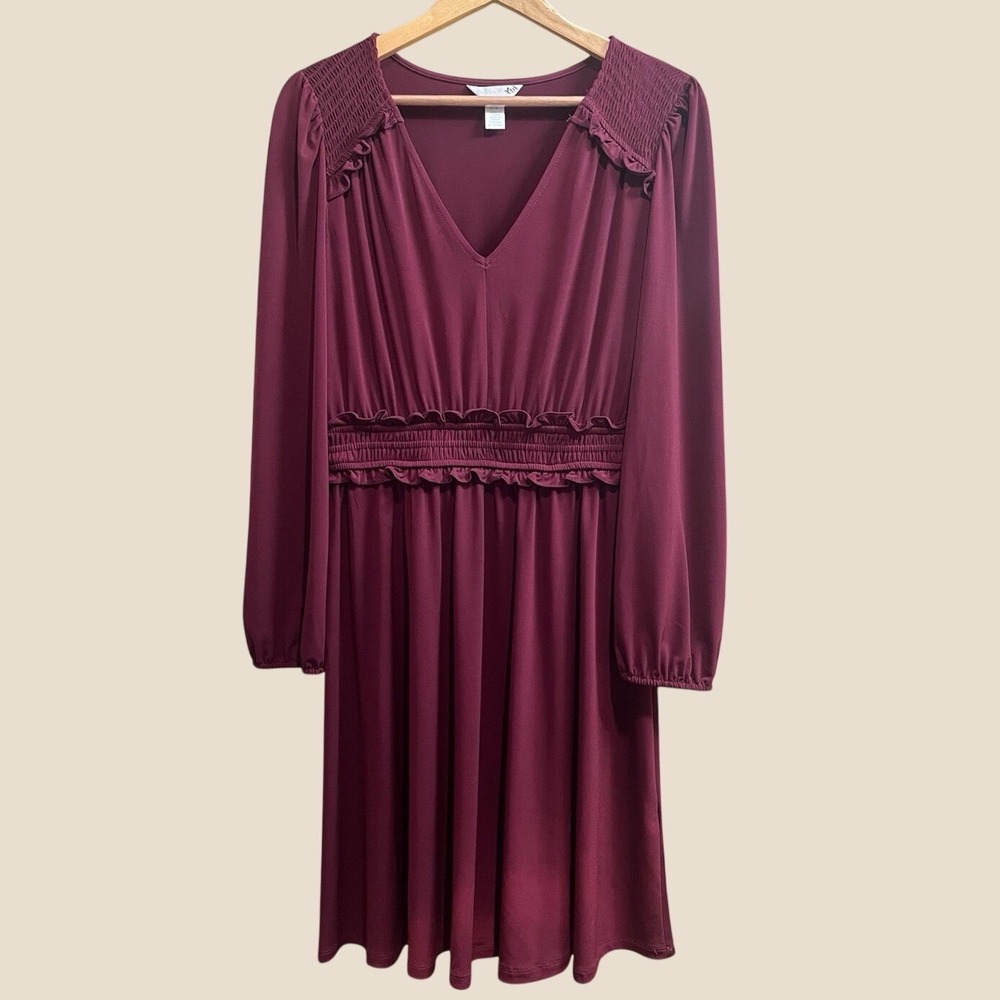 London Times Smocked V-Neck Dress Womens 10 Burgundy Long Sleeve Ruffle Waist